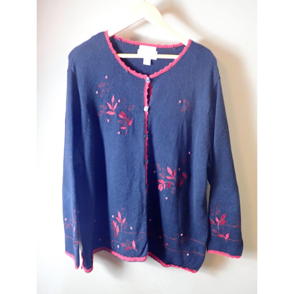 Christopher & Banks Hand Embroidered Women Sweater Button Up Black Red 3XL